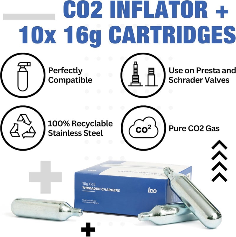 ICO CO2 Bike Tire Inflator Set with CO2 Inflator and 10pcs of 16g Threaded CO2 Cartridges, for Both Presta and Schrader Valves, CO2 Bike Pump for MTB & Road Bikes and CO2 Cartridges Food Grade - Image 2